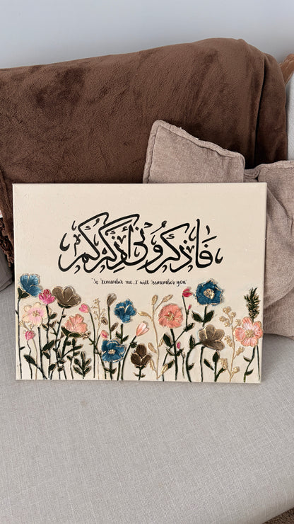 Handmade 3D Textured Floral Arabic Calligraphy Canvas | "So Remember Me, I Will Remember You"