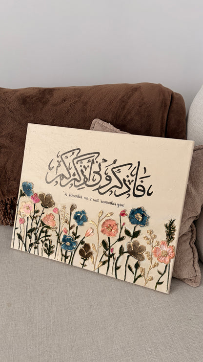 Handmade 3D Textured Floral Arabic Calligraphy Canvas | "So Remember Me, I Will Remember You"