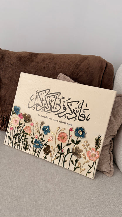 Handmade 3D Textured Floral Arabic Calligraphy Canvas | "So Remember Me, I Will Remember You"