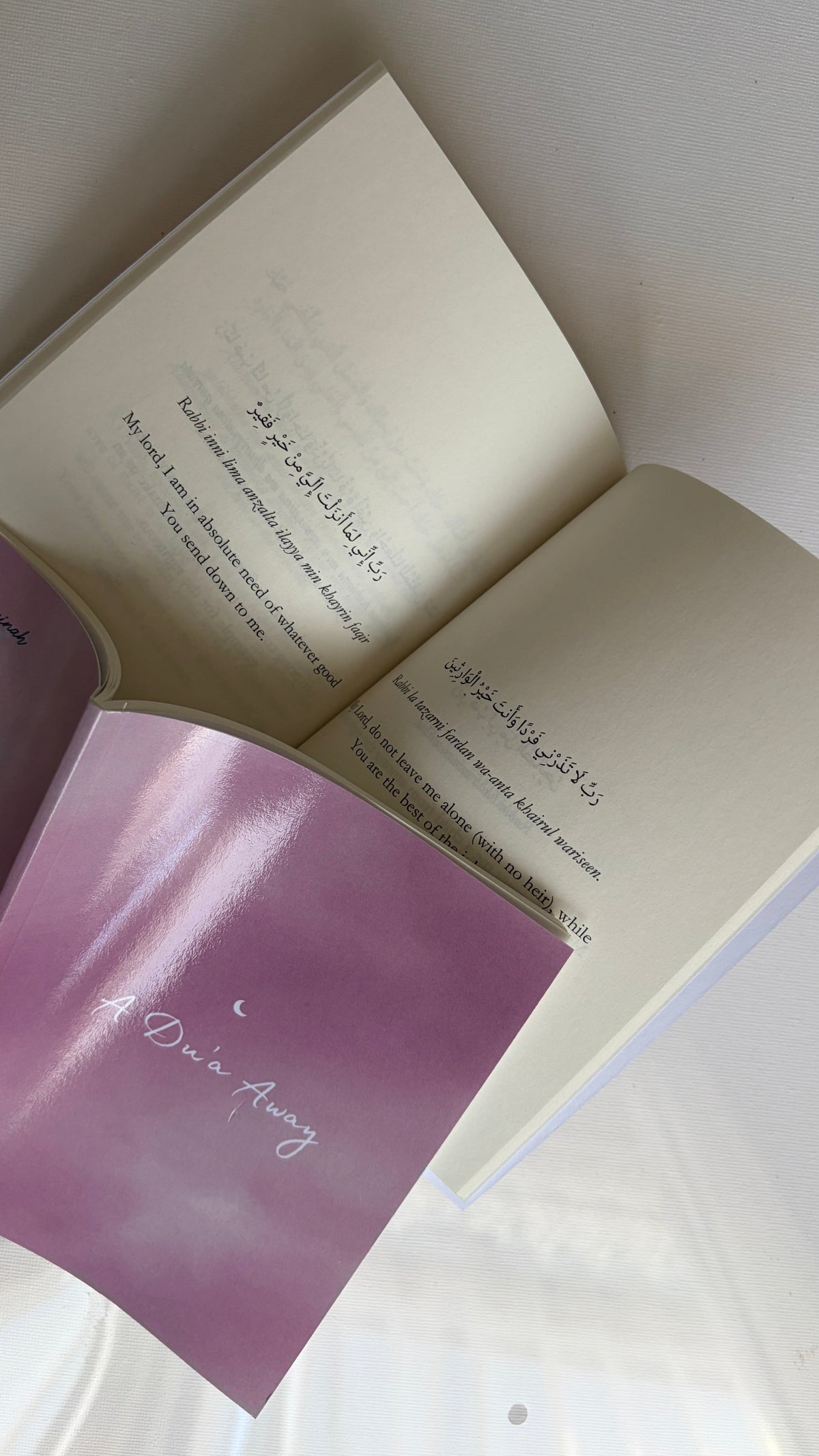 An open book with cream-colored pages, one of which is folded back to reveal a lavender-purple cover with white script text.